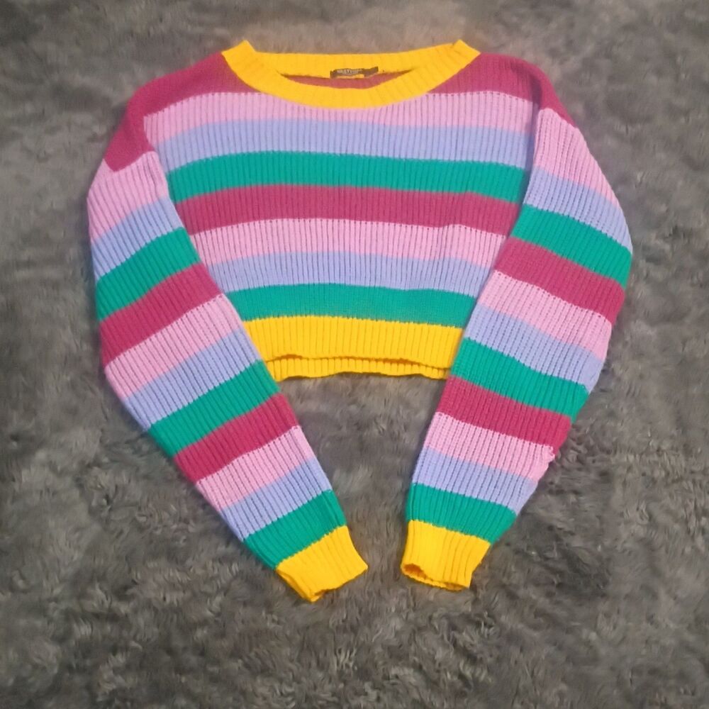 NASTYGAL Collection  Striped Multicolor Knit Cropped  Long Sleeve Sweater M